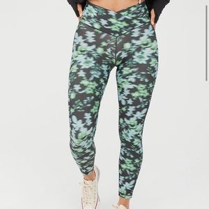 aerie Black Leggings with Green & Light Blue Floral Print